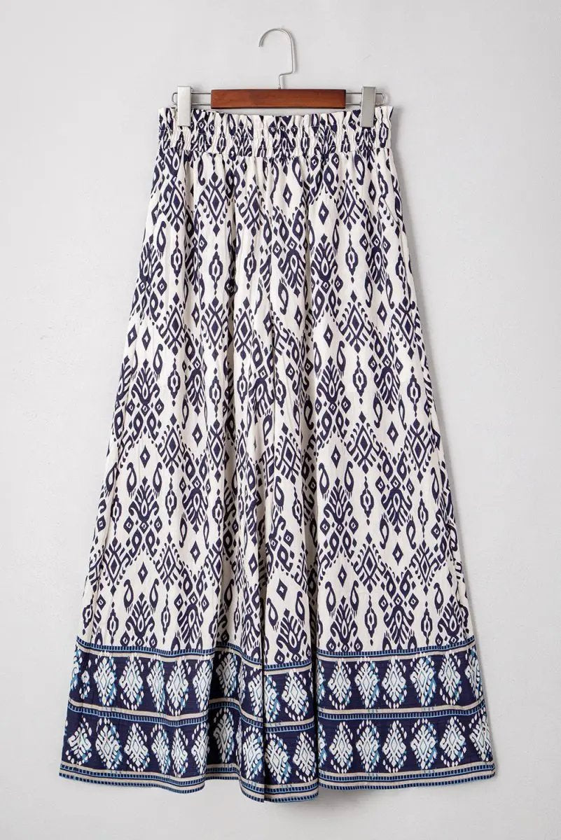 Blue Boho Pattern Print High Waist Wide Leg Loose Pants - Love Salve